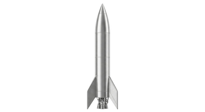 A sleek, metallic rocket stands ready for launch against a clean white background