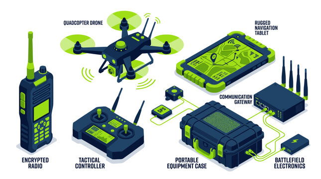 Isometric military defense technology vector set. Encrypted tactical radio, surveillance quadcopter drone, rugged navigation tablet, and communication gateway icons isolated.
