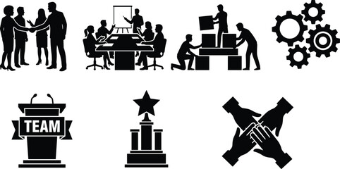 Fototapeta premium Business teamwork and corporate collaboration vector silhouette set featuring handshake, meeting, strategy presentation, and success icons