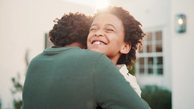 Boys, friends and happy with hug at front door for holiday visit, excited reunion or welcome. Embrace, black children and greeting outdoor at house for weekend playdate, social development and flare