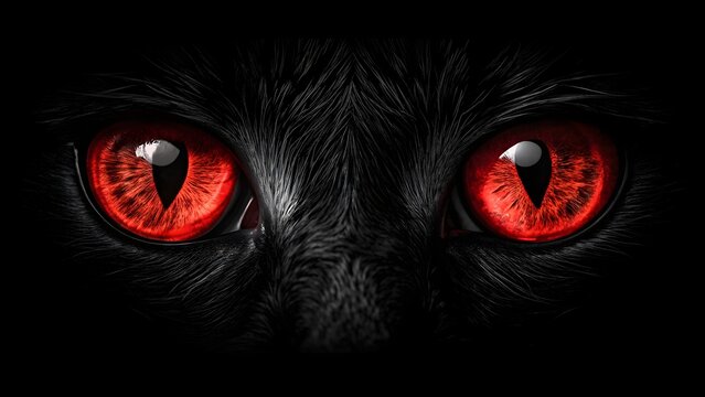 Close-up of glowing red devil or demon eyes with sharp fangs in dark space