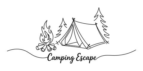 Camping escape line art with tent and campfire in forest © Das
