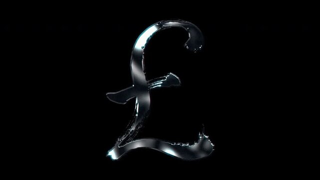 Silver metallic brush stroke symbol "pound currency". Alpha channel. Seamless loop video.