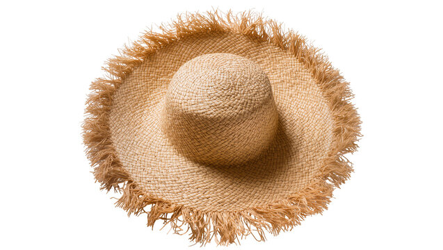 Woven straw sun hat with frayed edges, isolated on transparent background