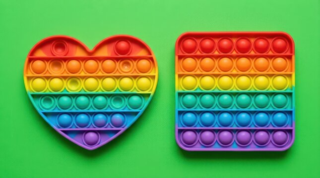 Colorful heart and square popit fidget toys on green background