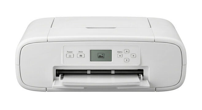 Modern white inkjet printer with a small LCD screen and paper output tray