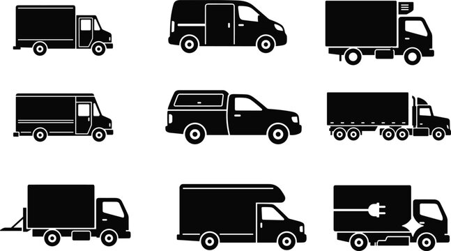 Commercial delivery trucks and transport vehicles black silhouette icons set isolated on white background