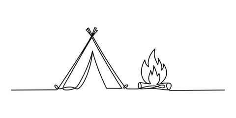 Continuous one line drawing of a camping tent and campfire © Das