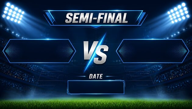 Semi final soccer match scoreboard template with versus screen layout over green grass stadium pitch background football tournament championship game match display vector design creative banner
