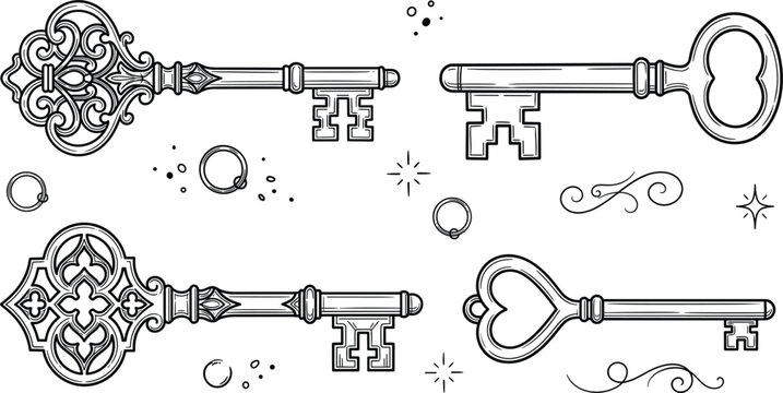 Hand drawn vintage antique keys vector collection set with ornate details decorative elements stars rings and scrolls,