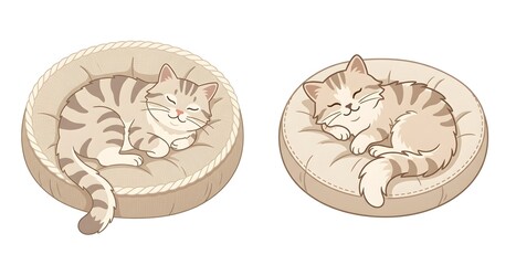 Fototapeta premium Cute sleeping cat illustration set, 2 tabby kittens resting in soft round pet beds, cozy feline character art on white background