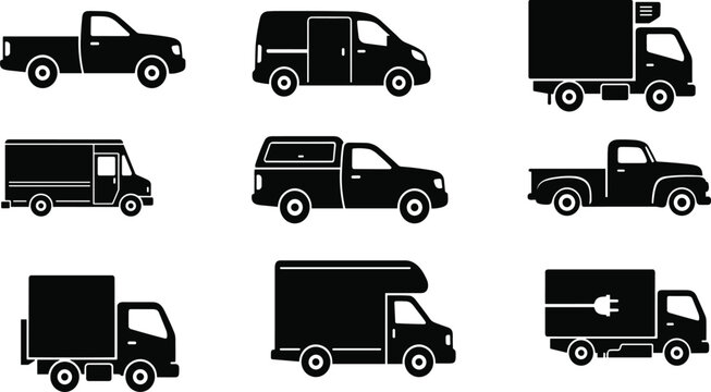 Commercial shipping vans and pickup trucks black silhouette icons set isolated on white background