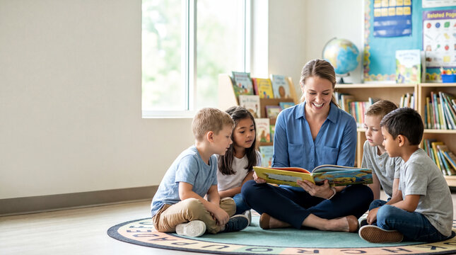 Elementary school teacher reading picture book to attentive children in bright modern classroom