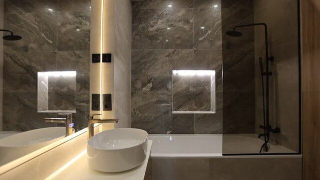 Modern bathroom interior with illuminated mirror, rounded basin, polished faucet, bathtub, rain shower, and dark marble wall with warm reflections and sleek spa styling