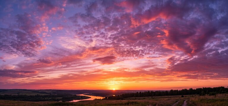 A panoramic sunset with vibrant pink and purple clouds over rolling hills and a winding river sunrise