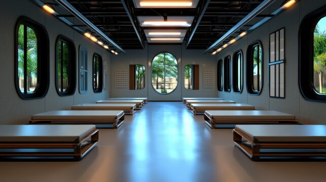 Pilot training facility featuring classrooms and mock aircraft for aviation education and simulation training
