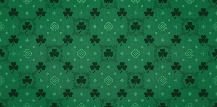 A textured green background featuring a repeating geometric pattern of dark green shamrocks and four-leaf clovers for a lucky Irish theme