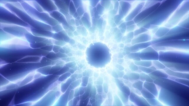 Abstract blue electric vortex with luminous crystalline rays converging around a dark center