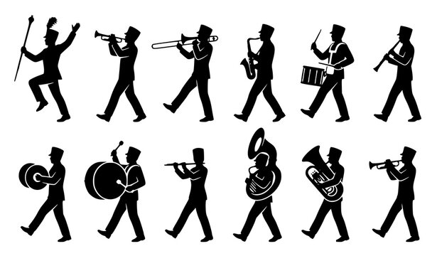 Marching Band Silhouette featuring 30 unique Pongal festival outline icons arranged in a perfectly aligned 6&times;5 grid on a soli Set with Brass Instruments Drummers and Drum Major in Dynamic Parade Poses