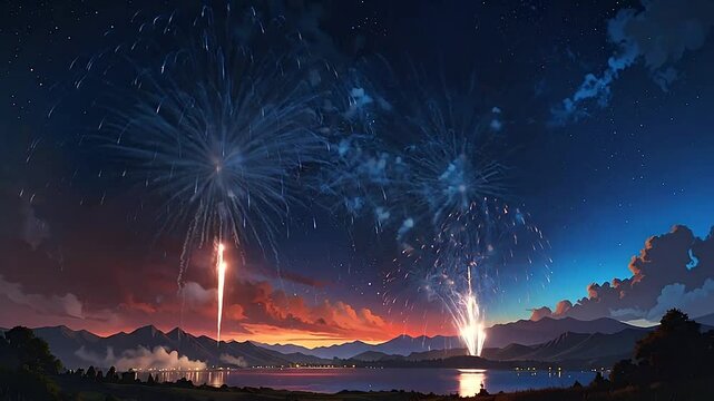 Bright colorful fireworks explode over a calm lake at night