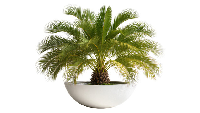 Green sago palm plant in a white round planter, isolated on transparent background