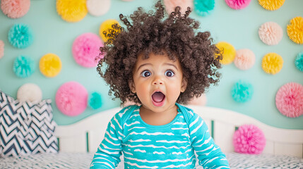 Fototapeta premium Adorable toddler with big curly hair and surprised facial expression sitting in bright, colorful bedroom decorated with festive pom-poms on light blue wall for cheerful portrait