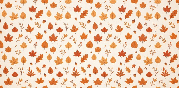 Autumnal pattern featuring various fall leaves acorns and berries in warm orange and brown tones on a cream background