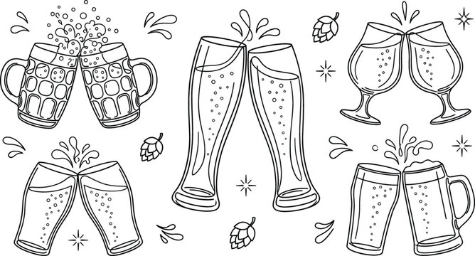 Beer glass clinking toast vector doodle element set featuring mugs pint glasses hops splash line art illustrations