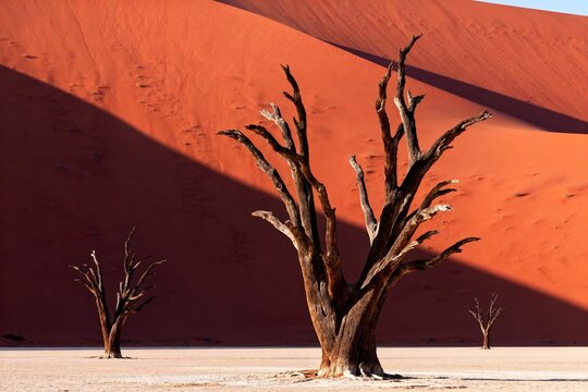 Dead trees stand in a desert landscape with red sand dunes in the background