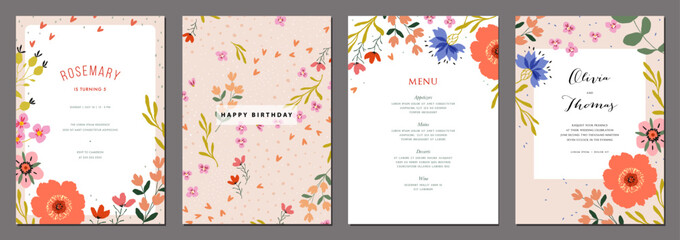 Naklejka premium Floral templates in vibrant pink colors. Greeting cards with decorative flowers, floral frames and backgrounds. For Mother’s Day, Women’s Day, Birthday, Wedding and Baby invitations. Vector.