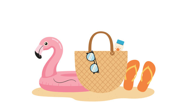 Beach vacation essentials featuring a pink flamingo float, woven straw bag, sunglasses, and sunscreen on a patch of sandy ground for summer.