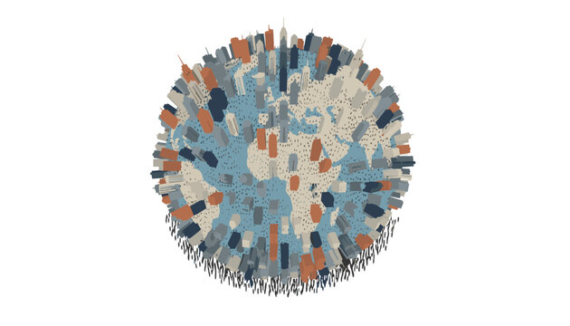 Global population represented by urban buildings and tiny human figures covering the planet to illustrate rapid urbanization and density.
