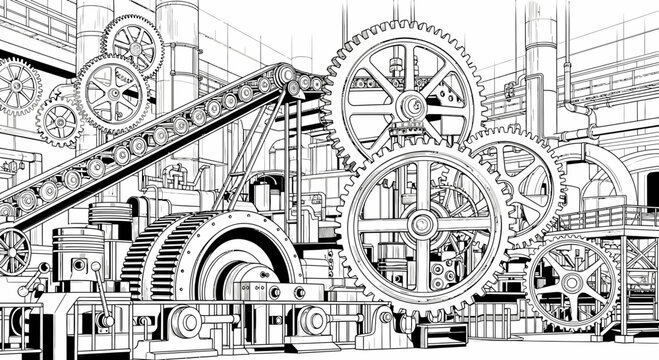 Industrial Factory Interior with Complex Machinery and Gears
