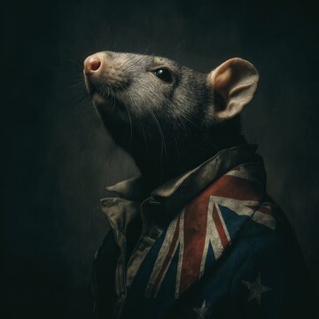 Dramatic close-up portrait of a possum-like rodent wearing a flag-patterned jacket against a dark background