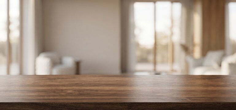 Close-up of a rich dark brown wooden table surface with a natural grain pattern in the foreground, blurred modern living room interior with soft light in the background