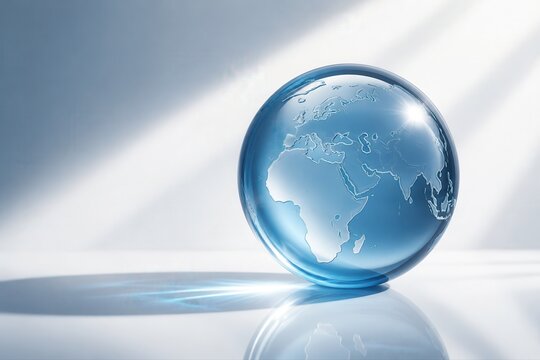 Glass globe with world map on a clean blue studio background and reflection
