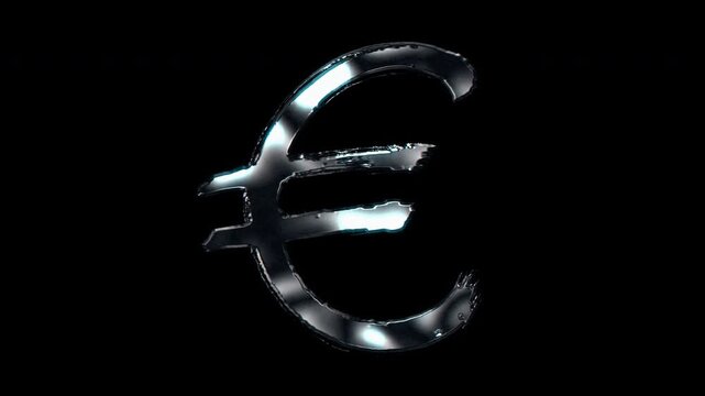 Silver metallic brush stroke symbol "euro currency". Alpha channel. Seamless loop video.