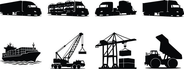 Heavy transport and industrial logistics silhouette vector icon set featuring commercial trucks shipping and port cranes © ORCHONA