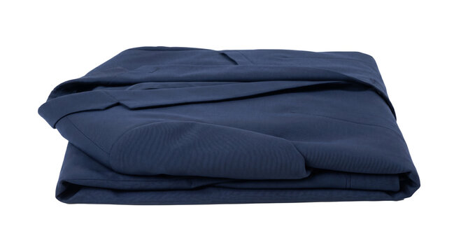 Neatly folded dark blue blazer jacket on a white background