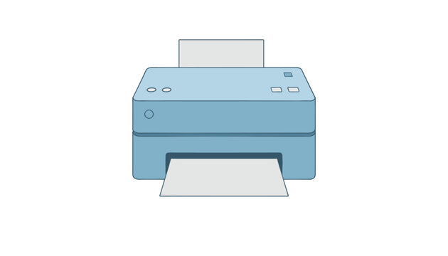 Blue office printer with a sheet of paper coming out on a white background symbolizing document printing technology or business administrative tasks.