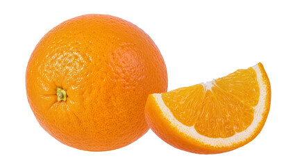 Whole ripe orange next to a juicy slice, isolated on transparent background