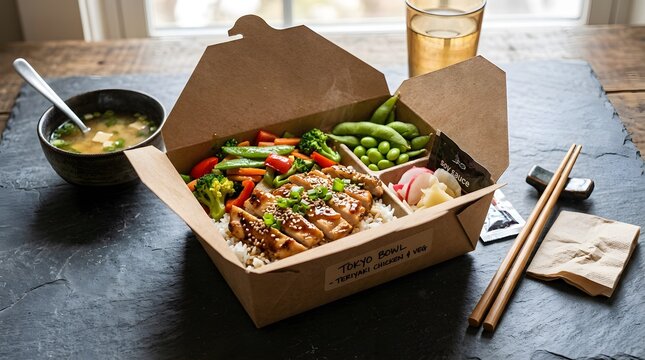 Teriyaki chicken tokyo bowl with rice vegetables and miso soup takeaway lunch