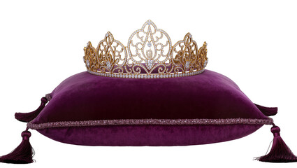 Ornate gold diamond tiara resting on a plush purple velvet cushion with tassels, isolated on transparent background © Aliona