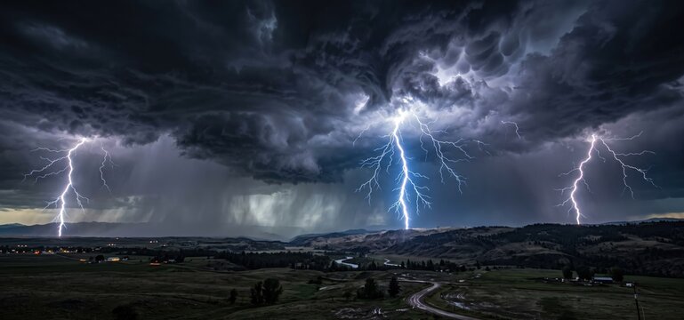 Dramatic nighttime landscape illuminated by multiple powerful lightning strikes illuminating dark stormy clouds and rolling hills below