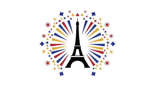 Eiffel Tower graphic design featuring vibrant sunburst rays and colorful geometric shapes surrounding the famous Parisian monument.