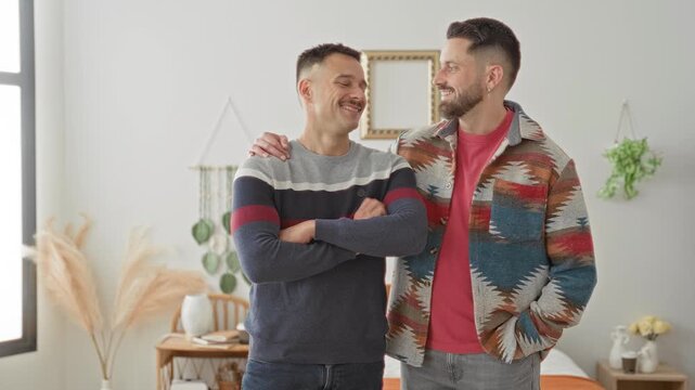 Two men standing close, one hand on partner's shoulder and arm crossed, smiling in a studio bedroom set; affection togetherness bonding.