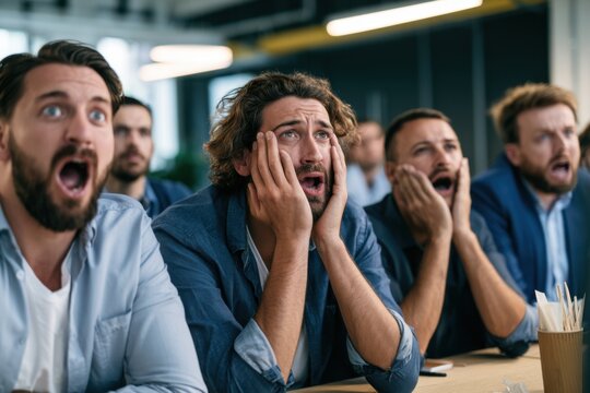 English business professionals watching football championship during lunch break, office environment, emotional reactions, modern corporate lifestyle