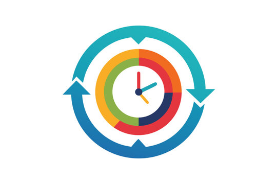 Colorful circular arrow clock icon, vector cycle symbol, multicolor timer logo, business process illustration