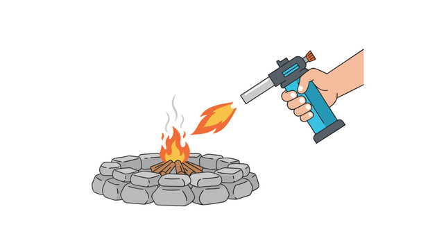 Handheld blowtorch lighting a pile of logs in a stone fire pit to create an outdoor fire for camping or cooking in a rustic setting.