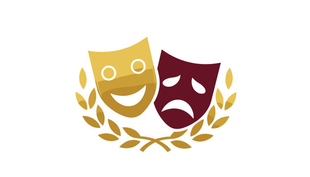 Gold and maroon theatrical comedy and tragedy masks within a laurel wreath, representing the performing arts and classic dramatic theater.